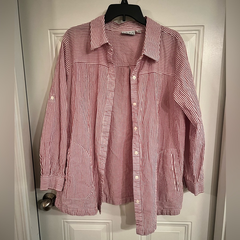 Red and White Striped Button-Up Shirt